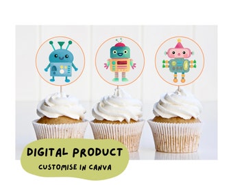 Robot Party CUPCAKE TOPPERS | digital template | customise in canva | children’s birthday | boys | cute drawing | 6 x 6 inch