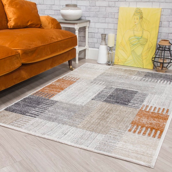 Living Room Rug Grey Orange Terracotta Thick Pile Area Mat