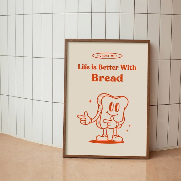 Retro Style Print,  Funny Bread Poster, Kitchen Wall Art, Food Poster, Breakfast Print, Orange Gallery Wall, Trendy Art Print