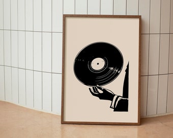 Vintage Vinyl Print, Elegant Vinyl Record Poster, Play it Twice, Trendy Black Wall Art, Music Lover's Gift, Retro Music Art