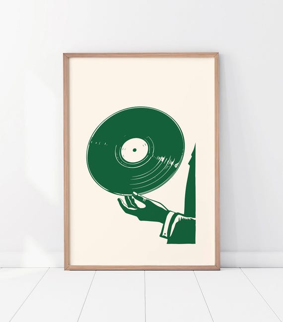 Retro Vinyl Print, Vinyl Record Green Poster, Play it Twice, Minimal Print, Trendy Green Wall Art, Music Lover's Gift, Vintage Music Art