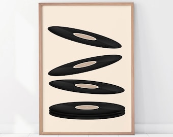 Puede incluir: Una impresión enmarcada con un diseño minimalista que presenta cuatro discos de vinilo negros apilados uno encima del otro sobre un fondo beige claro.