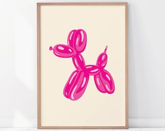 May include: A pink balloon animal shaped like a dog, against a cream background. The balloon animal is in a simple, cartoon style.