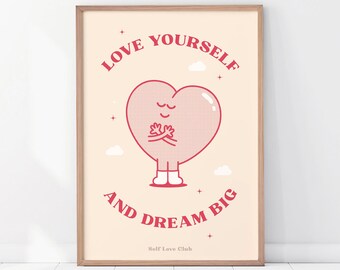 Self Love Club Retro Heart Print, Trendy Motivational Poster, Love Yourself, Red Wall Art