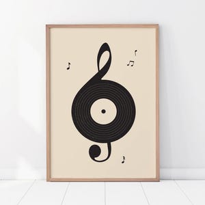 May include: A black and white illustration of a treble clef with a vinyl record in the center. The background is a light beige color. There are small musical notes scattered around the treble clef.