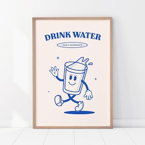 Puede incluir: Una ilustración azul y blanca de un vaso de agua con una cara sonriente, brazos y piernas. El vaso camina y saluda. El texto "DRINK WATER - DAILY REMINDER -" está por encima del vaso.