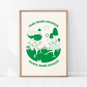 Retro Dancing Frogs Print, Vintage Toad Positive Poster, Cute Mushroom Print, Green Wall Art, Funny Kids Room Poster
