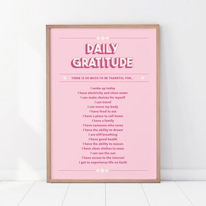 Dagelijkse dankbaarheidsafdruk, motiverende positieve poster, indachtige herinnering, roze muurkunst