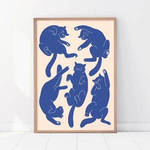 Impression de chats chats mignons, illustration minimale, cadeau pour les amoureux des chats, art somnolent paresseux, affiche tendance chats bleu roi