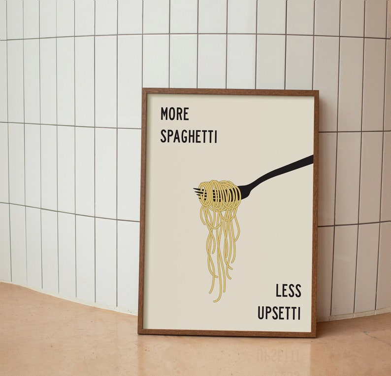 Kat eet spaghetti poster, grappige keuken kunst aan de muur, grillige kat dineren print, schattige dieren pasta illustratie, eigenzinnige foodie woondecoratie - Nederland