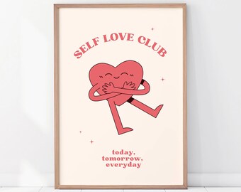 Club del amor propio, impresión de estilo retro, impresión de corazón, arte de póster de moda, póster motivacional, impresión de ámate a ti mismo
