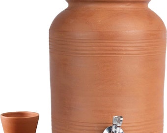 TerraVitaIndia Handcrafted Earthen Clay Water Pot with Lid & Stainless Steel Tap , 6 Liter  .