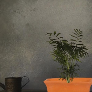 以下が含まれることがあります： オレンジ色の長方形のプランター2つ。1つには小さな緑色の植物が入っています。プランターはテラコッタ製で、シンプルでクラシックなデザインです。小さな装飾用のじょうろが背景に見えます。