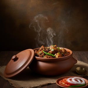 Puede incluir: Una olla de terracota humeante con curry, con especias visibles, chiles verdes y hierbas. La tapa está ligeramente entreabierta y un plato pequeño con tomates, cebollas y un chile cortados está cerca.