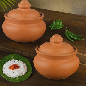 May include: Two terracotta clay pots with lids, displayed on a dark wooden surface. The pots are round with a bulbous body and a small, rounded knob on the lid. Green chili peppers and leaves are also present.