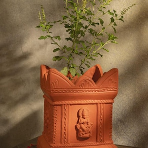 May include: A terracotta-coloured plant pot with an intricate design, including a central relief of a seated figure. The pot contains a green plant with numerous stems and leaves. The pot has a square base and a decorative top.