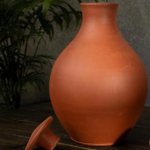 Puede incluir: Un jarrón de cerámica de color terracota con un cuerpo redondeado y un cuello estrecho. El jarrón se muestra con su tapón a juego sobre una superficie de madera oscura. Una planta verde es visible en el fondo.