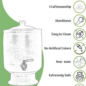 K&ouml;nnte beinhalten: Eine wei&szlig;e Keramik-Wasserfilterkanne mit einem Ausguss. Die Kanne ist vor einem gr&uuml;nen Hintergrund abgebildet und zeigt eine Liste von Merkmalen, darunter Handwerkskunst, Robustheit, einfache Reinigung, keine k&uuml;nstlichen Farbstoffe, ungiftig, extrem sicher und Preis-Leistungs-Verh&auml;ltnis.