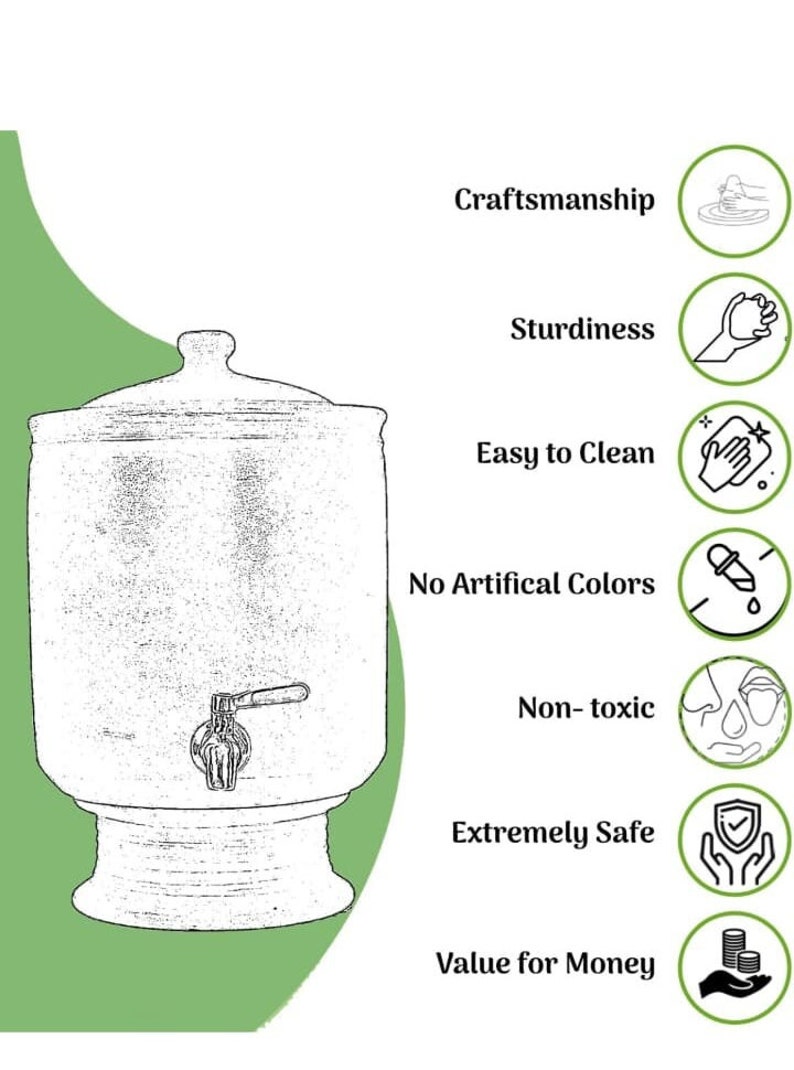 K&ouml;nnte beinhalten: Eine wei&szlig;e Keramik-Wasserfilterkanne mit einem Ausguss. Die Kanne ist vor einem gr&uuml;nen Hintergrund abgebildet und zeigt eine Liste von Merkmalen, darunter Handwerkskunst, Robustheit, einfache Reinigung, keine k&uuml;nstlichen Farbstoffe, ungiftig, extrem sicher und Preis-Leistungs-Verh&auml;ltnis.