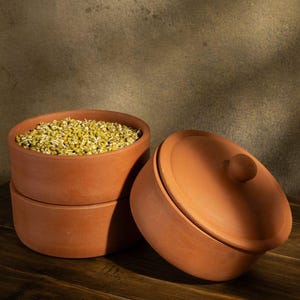 Pode incluir: Três vasos de barro de terracota, dois empilhados e um com tampa, estão sobre uma superfície de madeira. O vaso superior está cheio de brotos verdes. Os vasos são de uma cor marrom avermelhada quente, com um design simples e rústico.