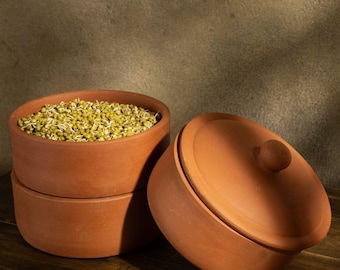 May include: Three terracotta clay pots, two stacked and one with a lid, sit on a wooden surface. The top pot is filled with green sprouts. The pots are a warm reddish-brown color, with a simple, rustic design.