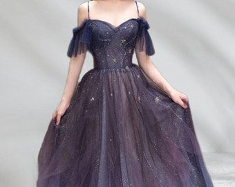 Starry night Purple glittering tulle prom dress,Stars Purple tulle ball gown,fairy gown for prom/birthday,stunning dress,Girls prom dress