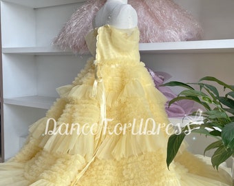 Custom Yellow Princess Girl Dress Flower Girl Dress,Kids Wedding Dress,Simple Yellow Tulle Dress Toddler 1st birthday,Piano Concert Dress