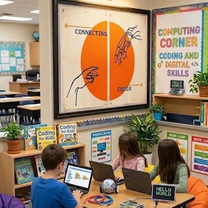 K&ouml;nnte beinhalten: Eine Klassenzene mit Kindern, die das Programmieren lernen. Ein Schild lautet "Computing Corner, Coding and Digital Skills". Kinder benutzen Laptops und einen kleinen Roboter. B&uuml;cherregale enthalten "Coding for Kids" B&uuml;cher. Ein Schild sagt "Hello World".