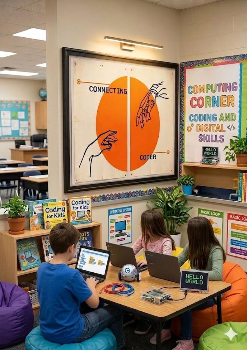 K&ouml;nnte beinhalten: Eine Klassenzene mit Kindern, die das Programmieren lernen. Ein Schild lautet "Computing Corner, Coding and Digital Skills". Kinder benutzen Laptops und einen kleinen Roboter. B&uuml;cherregale enthalten "Coding for Kids" B&uuml;cher. Ein Schild sagt "Hello World".