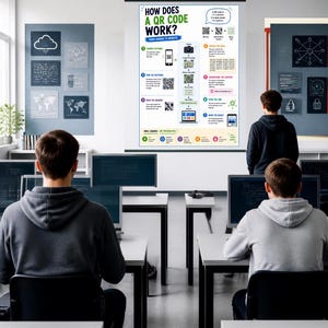 May include: An educational poster titled How Does A QR Code Work? displayed on a classroom screen. The infographic uses diagrams and text to explain the technical process from camera capture to website display, featuring icons and numbered steps.