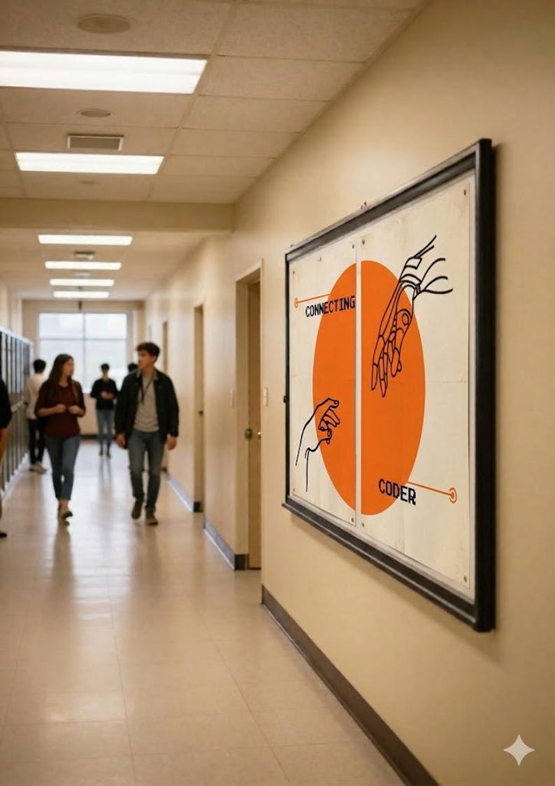 K&ouml;nnte beinhalten: Ein gerahmtes Poster in einem Flur zeigt einen orangefarbenen Kreis, der durch eine Linie geteilt ist. Eine Seite zeigt eine ausgestreckte Hand, die andere eine Roboterhand. Der Text lautet "CONNECTING CODER".