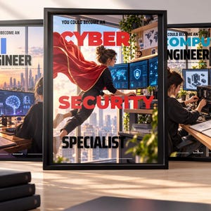 Könnte beinhalten: Drei gerahmte Poster mit Karrierethemen. Das linke Poster zeigt den Text 'YOU COULD BECOME AN AI ENGINEER'. Das mittlere Poster zeigt eine Person mit rotem Umhang und den Text 'YOU COULD BECOME AN CYBER SECURITY SPECIALIST'. Das rechte Poster zeigt 'YOU COULD BECOME AN COMPUTER ENGINEER'.