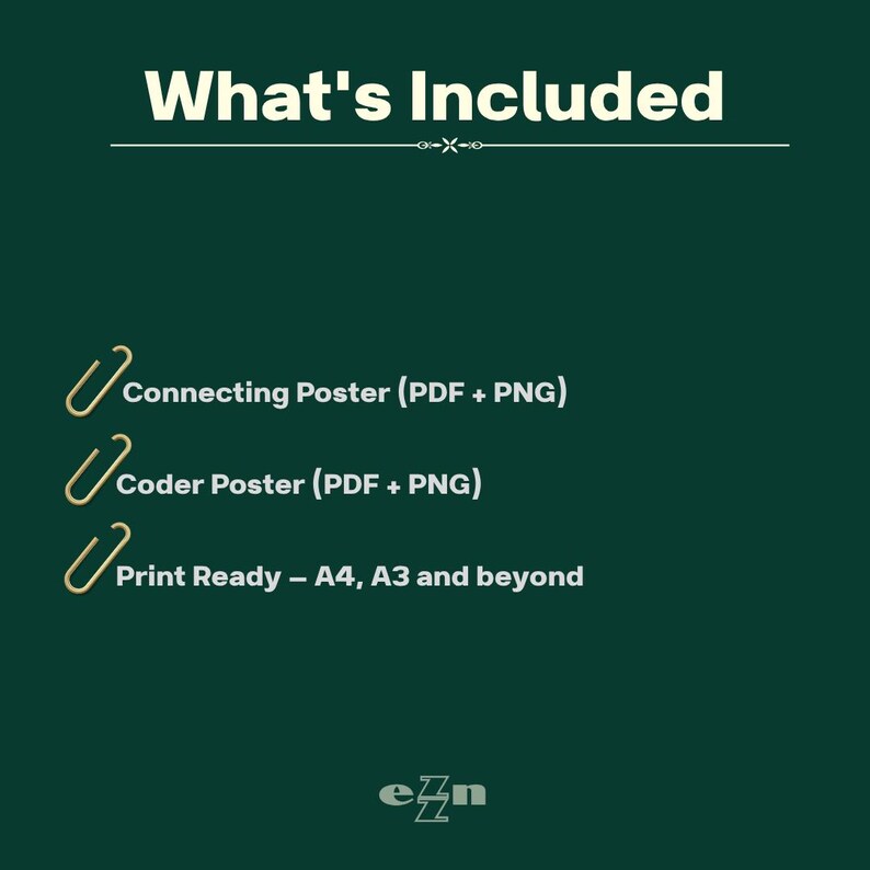 K&ouml;nnte beinhalten: Dunkelgr&uuml;ne Grafik mit wei&szlig;em Text, der den Inhalt beschreibt. Der Text lautet "What's Included", gefolgt von "Connecting Poster (PDF + PNG)", "Coder Poster (PDF + PNG)" und "Print Ready - A4, A3 and beyond". Das Logo "ezn" befindet sich unten.