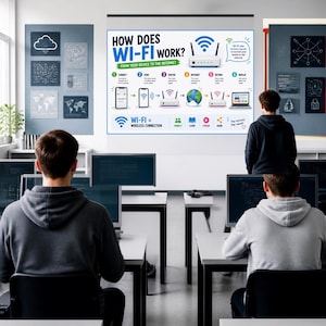 May include: An educational poster titled How Does Wi-Fi Work? From Your Device to the Internet, displayed on a classroom wall. The infographic uses icons and arrows to illustrate the connection process from a smartphone to a laptop via a router.