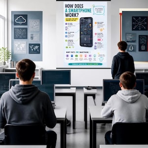 Può includere: Un poster educativo intitolato How Does A Smartphone Work? visualizzato su uno schermo in un'aula. Il poster presenta un diagramma centrale di uno smartphone con componenti interni etichettati, che spiegano il funzionamento dei processori.