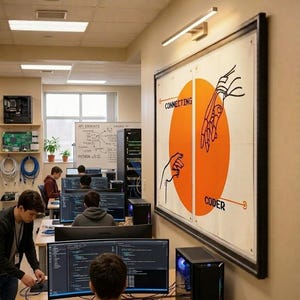 K&ouml;nnte beinhalten: Ein B&uuml;ro mit mehreren Computerarbeitspl&auml;tzen. Ein gro&szlig;er gerahmter Poster an der Wand zeigt einen orangefarbenen Kreis mit den Worten "Connecting Coder" und Illustrationen von H&auml;nden. Personen arbeiten an Computern, einige mit sichtbarem Code.