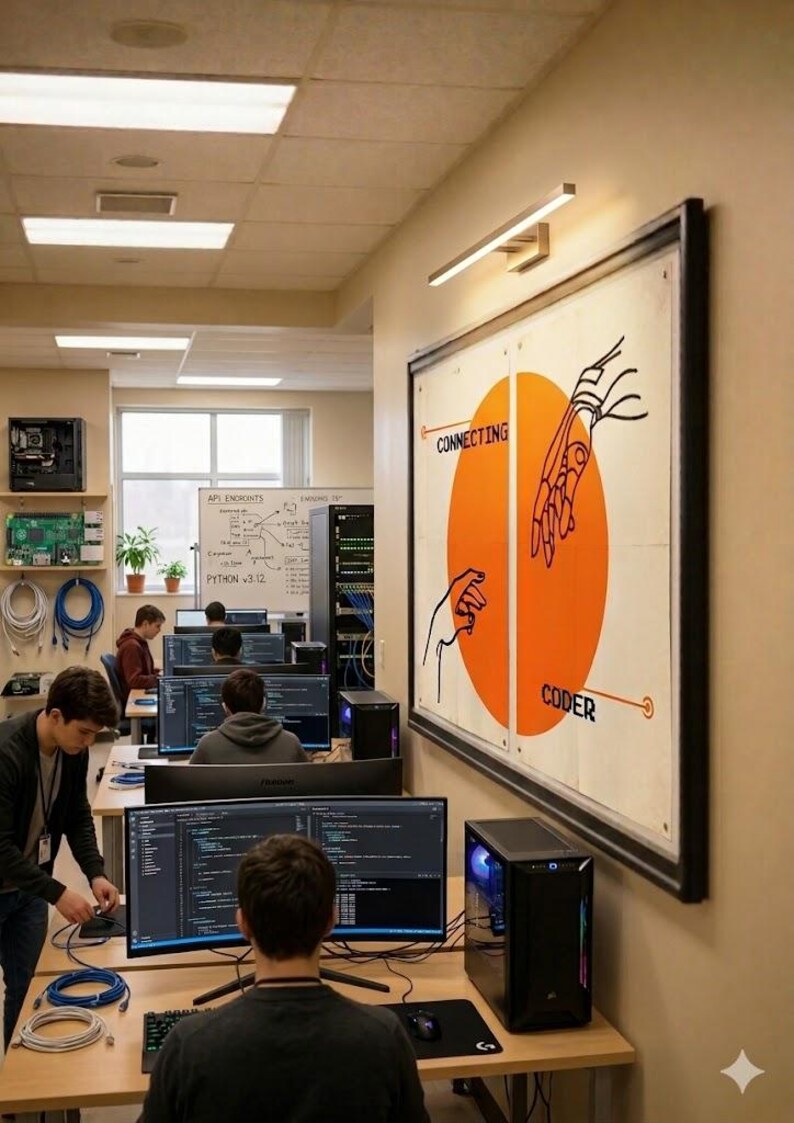 K&ouml;nnte beinhalten: Ein B&uuml;ro mit mehreren Computerarbeitspl&auml;tzen. Ein gro&szlig;er gerahmter Poster an der Wand zeigt einen orangefarbenen Kreis mit den Worten "Connecting Coder" und Illustrationen von H&auml;nden. Personen arbeiten an Computern, einige mit sichtbarem Code.