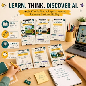 May include: A set of AI Discovery Cards featuring educational prompts and illustrations of a robot. The cards include text such as Learn, Think, Discover AI, Can AI Create a Picture, Can AI Hear You, Can AI Be Helpful, Can AI Solve Problems, Can AI Be Trusted, and Can AI Be Creative.