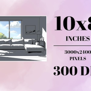 Puede incluir: Una ilustraci&oacute;n en blanco y negro de un interior de sala de estar con un sof&aacute; seccional, una ventana con vista a los &aacute;rboles y un cielo nublado, y una l&aacute;mpara en una mesa auxiliar. La imagen es de 10x8 pulgadas, 3000x2400 p&iacute;xeles y 300 DPI.
