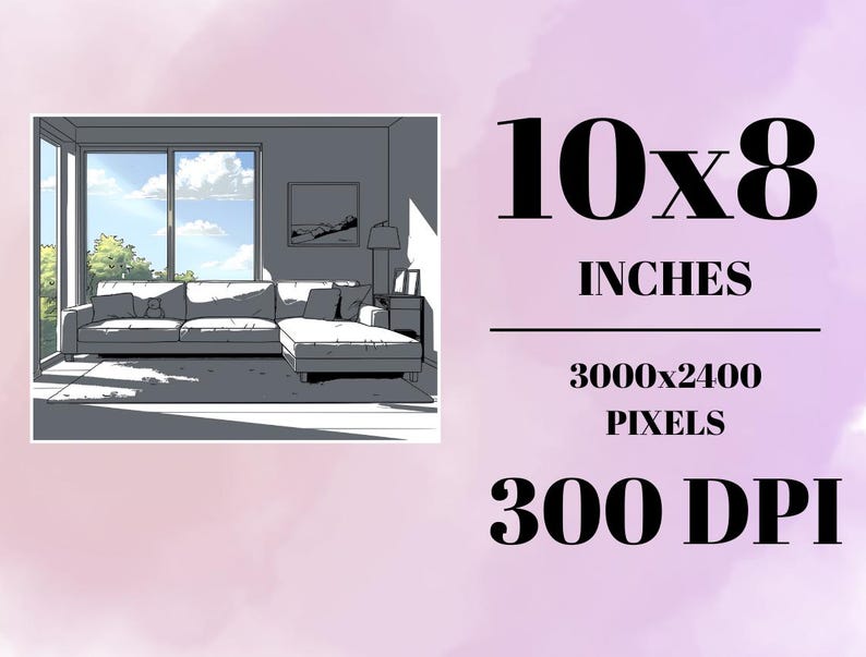 Puede incluir: Una ilustraci&oacute;n en blanco y negro de un interior de sala de estar con un sof&aacute; seccional, una ventana con vista a los &aacute;rboles y un cielo nublado, y una l&aacute;mpara en una mesa auxiliar. La imagen es de 10x8 pulgadas, 3000x2400 p&iacute;xeles y 300 DPI.