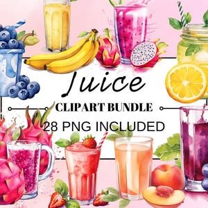 28 Watercolor Fruit Juice Clipart, Lemonade Clipart, Kiwi Clipart PNG, Cute Watercolor Art for Crafts & Design