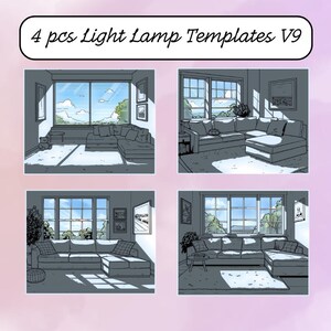 May include: Four digital illustrations of living room scenes with a couch, windows, and a view of the outdoors. The illustrations are in a cartoon style and are suitable for use as templates.