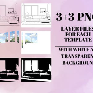 Puede incluir: Un conjunto de 6 archivos PNG en capas para crear una escena de sala de estar. Los archivos incluyen un dibujo de l&iacute;nea en blanco y negro de una sala de estar con un sof&aacute;, una ventana y una l&aacute;mpara, una silueta en blanco y negro de la misma escena y una imagen en capas de una ventana con vista a un cielo azul y &aacute;rboles verdes. Los archivos est&aacute;n disponibles con fondos blancos y transparentes.
