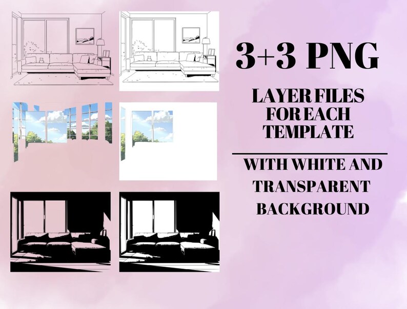 Puede incluir: Un conjunto de 6 archivos PNG en capas para crear una escena de sala de estar. Los archivos incluyen un dibujo de l&iacute;nea en blanco y negro de una sala de estar con un sof&aacute;, una ventana y una l&aacute;mpara, una silueta en blanco y negro de la misma escena y una imagen en capas de una ventana con vista a un cielo azul y &aacute;rboles verdes. Los archivos est&aacute;n disponibles con fondos blancos y transparentes.