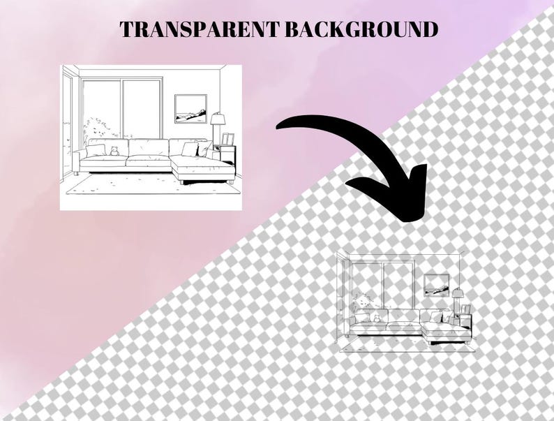 Puede incluir: Dibujo de l&iacute;nea de un interior de sala de estar con un sof&aacute; seccional, una ventana, una imagen en la pared y una l&aacute;mpara en una mesa auxiliar.
