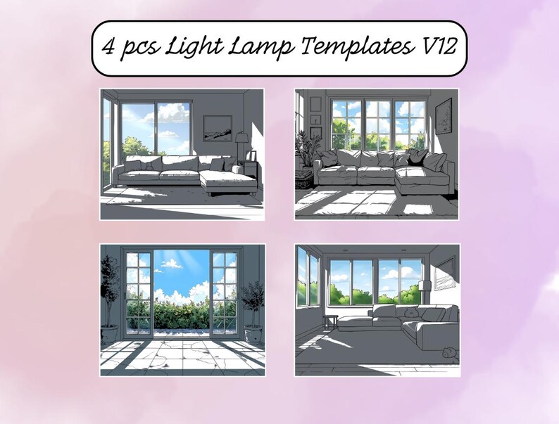 Puede incluir: Cuatro ilustraciones en blanco y negro de una sala de estar con un sof&aacute;, ventanas y una vista de un cielo soleado y &aacute;rboles. El texto "4 pcs Light Lamp Templates V12" est&aacute; en la parte superior de la imagen.