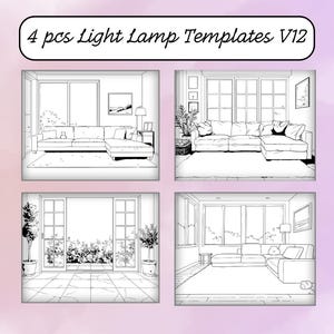 Puede incluir: Cuatro dibujos en blanco y negro de interiores de sala de estar con sof&aacute;s, ventanas y muebles. El t&iacute;tulo "4 pcs Light Lamp Templates V12" est&aacute; en la parte superior de la imagen.