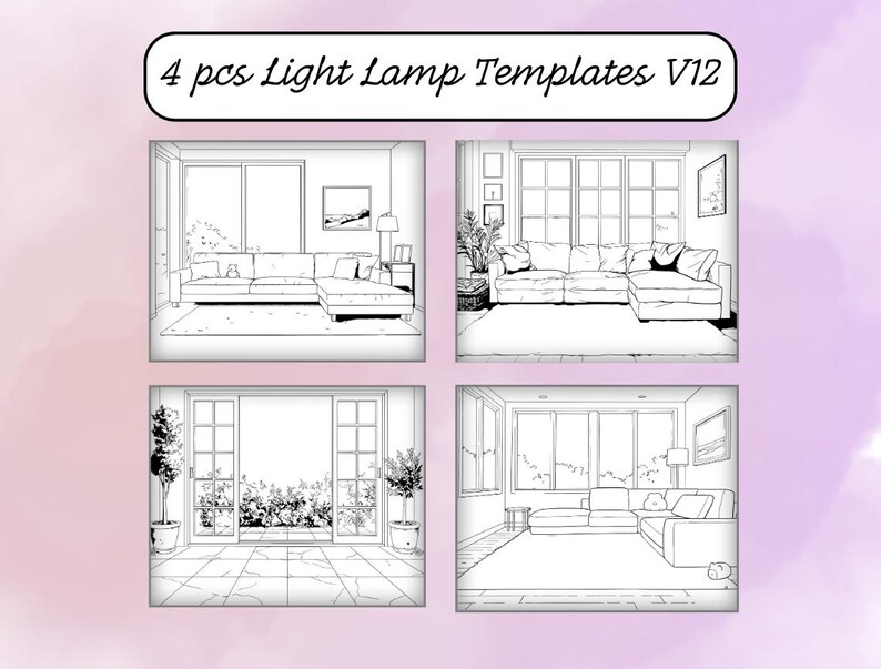 Puede incluir: Cuatro dibujos en blanco y negro de interiores de sala de estar con sof&aacute;s, ventanas y muebles. El t&iacute;tulo "4 pcs Light Lamp Templates V12" est&aacute; en la parte superior de la imagen.