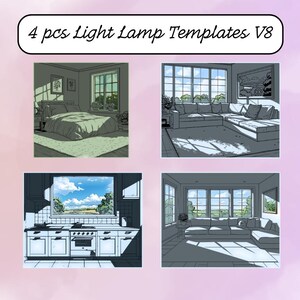 Könnte beinhalten: Vier digitale Illustrationen von Innendesignszenen. Jede Szene zeigt einen anderen Raum mit einem Fenster, Möbeln und einfallendem Licht. Die erste Szene ist ein Schlafzimmer mit einem Bett und einem Fenster. Die zweite Szene ist ein Wohnzimmer mit einer Couch und einem Fenster. Die dritte Szene ist eine Küche mit einem Herd und einem Fenster. Die vierte Szene ist ein Wohnzimmer mit einer Couch und einem Fenster.