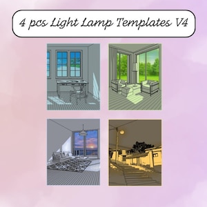 Puede incluir: Cuatro dibujos en blanco y negro de diferentes habitaciones con fuentes de luz. La primera habitación tiene un escritorio y una silla. La segunda habitación tiene dos sillas y una lámpara de pie. La tercera habitación tiene un sofá y una lámpara colgante. La cuarta habitación tiene una escena de calle con una farola.